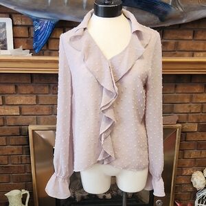 Neutral Nude Color Swiss Dot Sheer Ruffled Blouse Size Medium Feminine Flirty